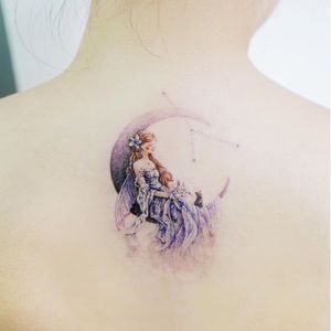 Fairy tattoo by Tattooist Banul #TattooistBanul #fairytattoo #fairytattoos #fairy #wings #magic #folklore #fairytale #moon #constellation #flower #floral #back #watercolor