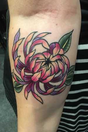 Color neotraditional chrysathemum tattoo  