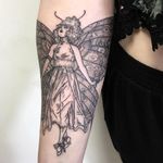 Fairy tattoo by Julia Hayes #JuliaHayes #fairytattoo #fairytattoos #fairy #wings #magic #folklore #fairytale #illustrative #linework #vintage #butterflywings #lady #arm #blackwork