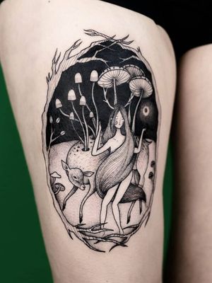 Fairy tattoo by Aleksandra Wieczorkiewicz #AleksandraWieczorkiewicz #fairytattoo #fairytattoos #fairy #wings #magic #folklore #fairytale #illustrative #linework #deer #mushrooms #forest #leg