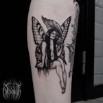 Fairy tattoo by Zuzanna Krolick #ZuzannaKrolick #fairytattoo #fairytattoos #fairy #wings #magic #folklore #fairytale #blackwork #leaf #lady #cute #illustrative #leg