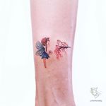 Fairy tattoo by Ayhan Karadag #AyhanKaradag #fairytattoo #fairytattoos #fairy #wings #magic #folklore #fairytale #cat #cherryblossoms #illustrative #color #flowers #floral #leg