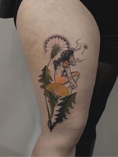 Fairy tattoo by Michalina Bolach #MichalinaBolach #fairytattoo #fairytattoos #fairy #wings #magic #folklore #fairytale #color #flower #floral #leaves #dandelion #illustrative #leg