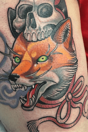 Kitsune fox skull neotraditional color tattoo 