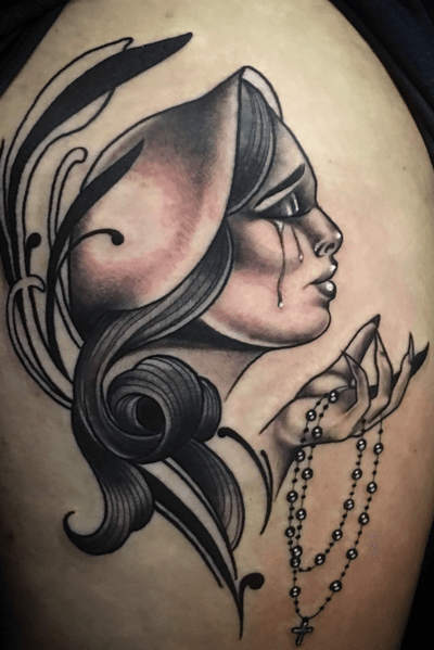 Black and grey neotraditional lady head illustrative 