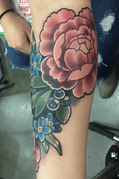 Peony neotraditional flower tattoo coverup