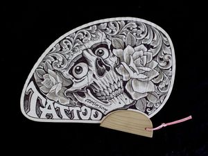 Robert Atkinson for The Tattoo Fan Club produced by Stef Bastian #TheTattooFanClub #StefBastian #tattooart #Japanesefan #charityfundraiser #RobertAtkinson #skull #rose #blackandgrey