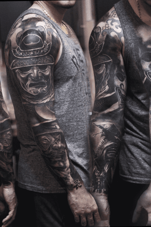 Full arm sleeve samurai tattoo