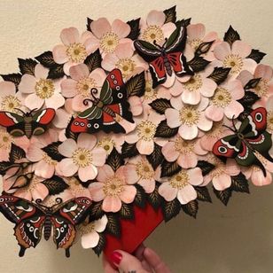Cassandra Frances for The Tattoo Fan Club produced by Stef Bastian #TheTattooFanClub #StefBastian #tattooart #Japanesefan #charityfundraiser #CassandraFrances #flowers #butterfly