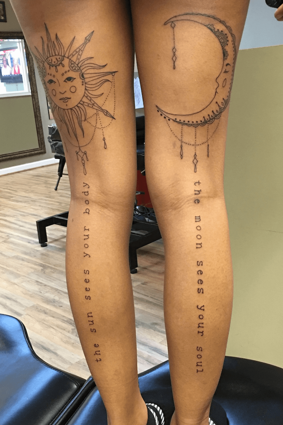 Tattoo uploaded by Jenny Harper  Traditional sun and moon on back of thigh  traditional sunandmoon blackandwhite sun moon  Tattoodo
