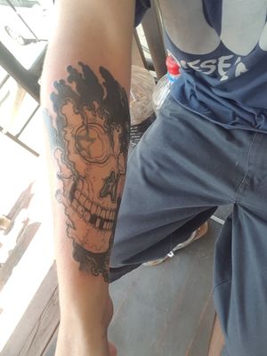 Tattoo done by Brendan from Compass Tattoo Ipswich, its a cover from a dodgy home job southern cross to a grim reaper skull, photo of it nearly finished, couldn't be more happier with this tattoo
