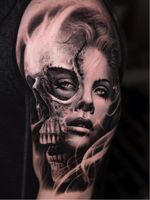 Dark art tattoo by Jose Contreras aka joseecd #JoseContreras #Joseecd #darkart #horrortattoo #horror #darkarttattoo #darkness #evil #wicked #satanic #demonic #dark #realism #skull #lady #portrait #smoke #blackandgrey #arm