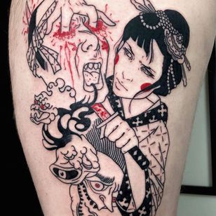 Tatuaje de arte oscuro de Silly Jane #sillyJane #darkart #horrortattoo #horror #darkarttattoo #darkness #evil #wicked #satanic #demonic #dark #illustrative #sword #namakubi #japanese #yokai #leg