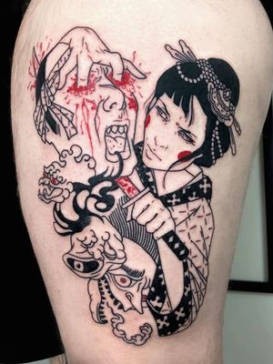 Dark art tattoo by Silly Jane #sillyJane #darkart #horrortattoo #horror #darkarttattoo #darkness #evil #wicked #satanic #demonic #dark #illustrative #sword #namakubi #japanese #yokai #leg