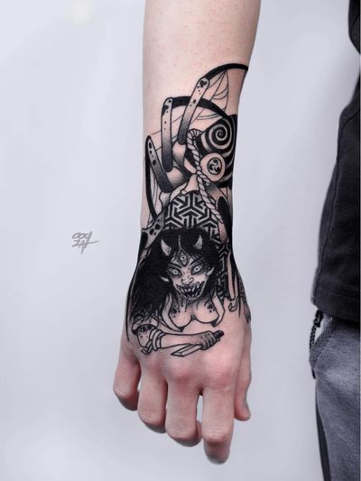 Horror tattoo by Ooqza #Ooqza #darkart #horrortattoo #horror #darkarttattoo #darkness #evil #wicked #satanic #demonic #dark #hand #arm #yokai #japanese #knife #spider #monster