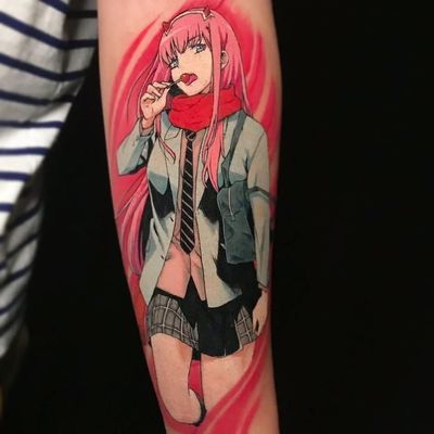 Zero Two tattoo by Diablo Art Aki #DiabloArtAki #Aki #DiabloArt #otaku #otakutattoo #animetattoo #mangatattoo #anime #manga #Japanese #newschool #Japaneseinspired #movies #comics #videogame #zerotwo #DarlingintheFranxx #darling