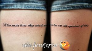 Never lose sleep. Gotta love the simple pieces sometimes, am I right? How cute is this quote on the thigh. It wraps slightly, giving it a band appearance from straight on! nikkifirestarter.com #texttattoo #typography #wordart #graphicdesign #text #blackink #blacktattoo #cutetattoo #simpletattoos #thightattoo #tattoo #bodyart #bodymod #ink #art #nonbinaryartist #nonbinarytattooist #mnartist #mntattoo #visualart #tattooart #tattoodesign 