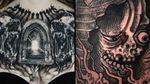 Dark art tattoo on the left by Jacob Crowder and yokai tattoo on the right by Bang Ganji #BangGanji #JacobCrowder #darkart #horrortattoo #horror #darkarttattoo #darkness #evil #wicked #satanic #demonic #dark