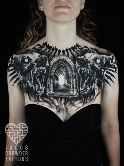 Horror tattoo by Jacob Crowder #JacobCrowder #darkart #horrortattoo #horror #darkarttattoo #darkness #evil #wicked #satanic #demonic #dark #door #wolves #wolf #blackwork #illustrative #realism #lettering