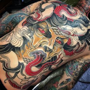 Dark art tattoo by Derek Noble #DerekNoble #darkart #horrortattoo #horror #darkarttattoo #darkness #evil #wicked #satanic #demonic #dark #snake #reptile #medusa #lady #Portrait #back #backpiece #japanese