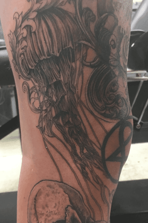 added a jellyfish to a sleeve in progress