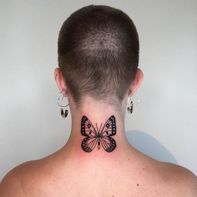 Butterfly tattoo by Pied Poppy #PiedPoppy #butterflytattoo #butterflytattoos #butterfly #moth #wings #insect #nature #linework #blackwork #minimal #neck