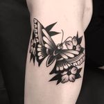 Butterfly tattoo by Derick Montez #DerickMontez #butterflytattoo #butterflytattoos #butterfly #moth #wings #insect #nature #blackwork #traditional #flower #floral #arm