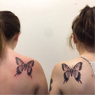 Butterfly tattoo by Nina Chwelos #NinaChwelos #Butterfly tattoo #Butterfly tattoos #Butterfly # moths #wings #insect #naturaleza #matching #friendtattoo #partattoo #linework #matchingtattoo #shoulder #black gray #illustrative