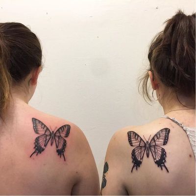 Butterfly tattoo by Nina Chwelos #NinaChwelos #butterflytattoo #butterflytattoos #butterfly #moth #wings #insect #nature #matching #friendtattoo #coupletattoo #linework #matchingtattoo #shoulder #blackandgrey #illustrative