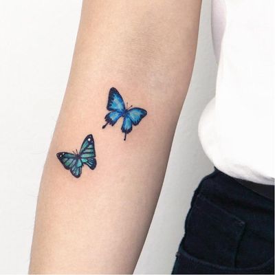 Butterfly tattoo by SooSoo #SooSoo #butterflytattoo #butterflytattoos #butterfly #moth #wings #insect #nature #blue #tiny #small #pretty #cute #arm