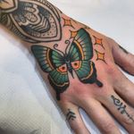 Butterfly tattoo by Gem Carter #GemCarter #butterflytattoo #butterflytattoos #butterfly #moth #wings #insect #nature #hand #traditional #color #star #sparkle