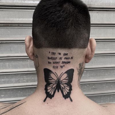 Butterfly tattoo by Ylitenzo #Ylitenzo #butterflytattoo #butterflytattoos #butterfly #moth #wings #insect #nature #blackwork #quote #neck