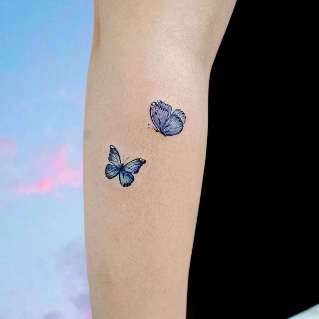Tattoo uploaded by Tattoodo  Butterfly tattoo by Song E Tattoo  SongETattoo butterflytattoo butterflytattoos butterfly moth wings  insect nature blue tiny mini small arm cute pretty  Tattoodo