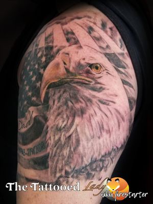 Memorial sleeve piece for the client's father. You can check out a video swoop of this tattoo on my YouTube channel here: https://youtu.be/J2HBYOStg1A (you can also search YT for Nikki Firestarter) Don't forget to subscribe! nikkifirestarter.com #eagle #baldeagle #america #americantattoos #americanflag #memorialtattoo #meaningfultattoo #tattoosleeve #graywash #colorpop #grayscale #blackandgray #animaltattoo #tattoo #bodyart #bodymod #ink #art #nonbinaryartist #nonbinarytattooist #mnartist #mntattoo #visualart #tattooart #tattoodesign 