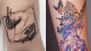 MC Escher tattoo on the left by Goldy Z and color tattoo on the right by Deborah Genchi #DeborahGenchi #TattoodoApp #TattoodoApptattooartist #tattooartist #tattooart #tattooidea #inspiringtattoo #besttattoo