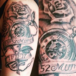 Pocketwatch & Roses Tattoo for Mum#MemorialTattoo #Pocketwatch #PocketwatchTattoo #Rose #RoseTattoo #Roses 