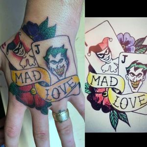 Traditional Style Joker & Harley Quinn Hand Tattoo#TraditionalStyle #Trad #TradTattoo #TraditionalTattoo #Joker #JokerTattoo #HarleyQuinn #HarleyQuinnTattoo #HandTattoo 