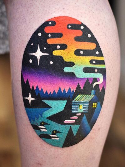 Landscape tattoo by David Peyote #DavidCote #DavidPeyote #TattoodoApp #TattoodoApptattooartist #tattooartist #tattooart #tattooidea #inspiringtattoo #besttattoo #color #surreal #landscape #cabin #duck #rainbow #leg