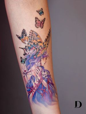 Shibari and butterfly tattoo by Deborah Genchi #DeborahGenchi #TattoodoApp #TattoodoApptattooartist #tattooartist #tattooart #tattooidea #inspiringtattoo #besttattoo #butterfly #flower #shibari #lady #color #arm