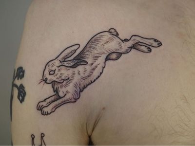 Rabbit tattoo by Ant the Elder #AnttheElder #TattoodoApp #TattoodoApptattooartist #tattooartist #tattooart #tattooidea #inspiringtattoo #besttattoo #etching #illustrative #engraving #esoteric #shoulder #rabbit #bunny