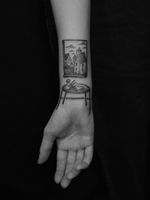 Wrist tattoo by Servadio #Servadio #TattoodoApp #TattoodoApptattooartist #tattooartist #tattooart #tattooidea #inspiringtattoo #besttattoo #landscape #stilllife #illustrative #wrist #forearm #flower #house