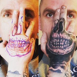 Skull Mask Hand Tattoo - Sketch to Tattoo#Skull #SkullTattoo #SkullMask #SkullMaskTattoo #HandTattoo #CustomTattoo #Custom #CustomDesign #Horror #HorrorArt #HorrorTattoo 