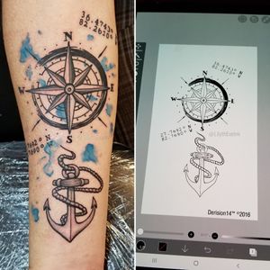 Sweet memorial tattoo! Black and grey anchor and compass. Watercolor.