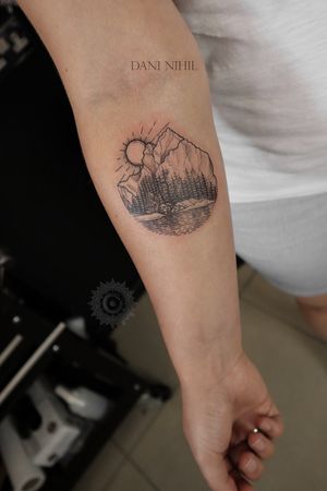 Miniature scene by Dani NihilLittle custom piece made by our resident looks lovely on skin 😍#smalltattoos #smalltattoo #customtattoo #cutetattoos #cooltattoos #mountaintattoo #BlackworkTattoos #londontattoos #londontattooartist #tattoolondon 