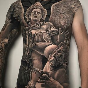 St. Michael The Archangel Sculpture in Germany | #blackandgrey #realistic #tattoos #fullfront #chest #mythology