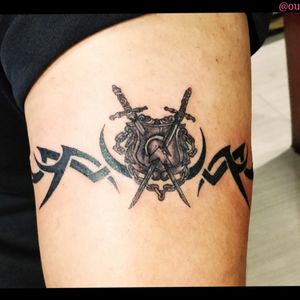 Gladiator shield tattoo at OUCH.                                      For bookings call at 7382521886, 9848597806