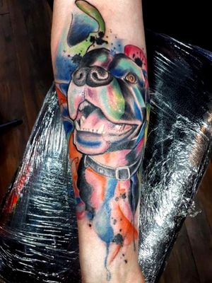 #dogtattoo #dogportrait #staffy #pitbull Americanbully #watercolortattoos #tattoo #sleeves #armtattoo #dog #colortattoo 