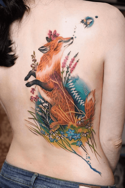 Done at The Family Business in London - fox tattoo by Debora Genchi - #foxtattoo #fox #butterfly #nature #floral #flowers