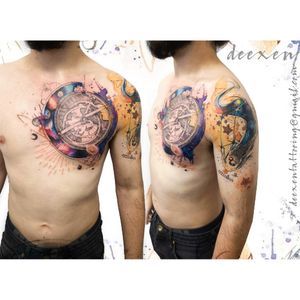 Made of Stardust and Cosmic Dreams ➡️Contact: deexentattooing@gmail.com ✨Merci Clément! . . . #tatouage #graphictattoo #tatouage #watercolortattoo # #watercolortattoos #watercolourtattoo #universetattoo #astrolabe #deexen #comet #colortattoos #deexentattooing #galaxies #galaxytattoo