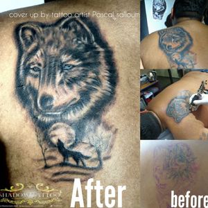 Coverup back tattoo realistic wolf 
